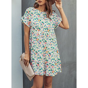 Women's Ruffle Trim Sleeve Floral Shift Dress