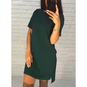 Women's Simple Mini Shift Dress - Short Sleeves / High Round Neckline