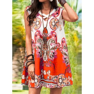 Women's Trapeze-Style Mini Dress - Ornate Print / Bow Trim