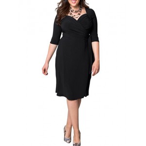 Plus Size Midi Dress - Diagonally-Cut Bodice / Sweetheart Neckline