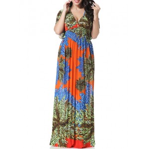 Plus Size Kimono Style Maxi Dress - Short Sleeves / V Neck