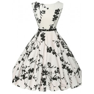 Plus Size Vintage Midi Dress - White Black / Sleeveless